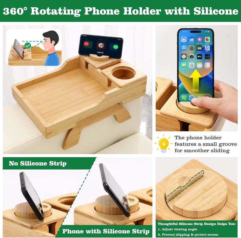 GHKINMAL Bamboo Couch Cup Holder, 4 in 1 Couch Arm Trays with 360°Rotated Phone Holder, Non-Slip Clip on Side Table for Drinks/Remote/Snacks, Ideal Gift for Husband, Wife, Parents - Image 4